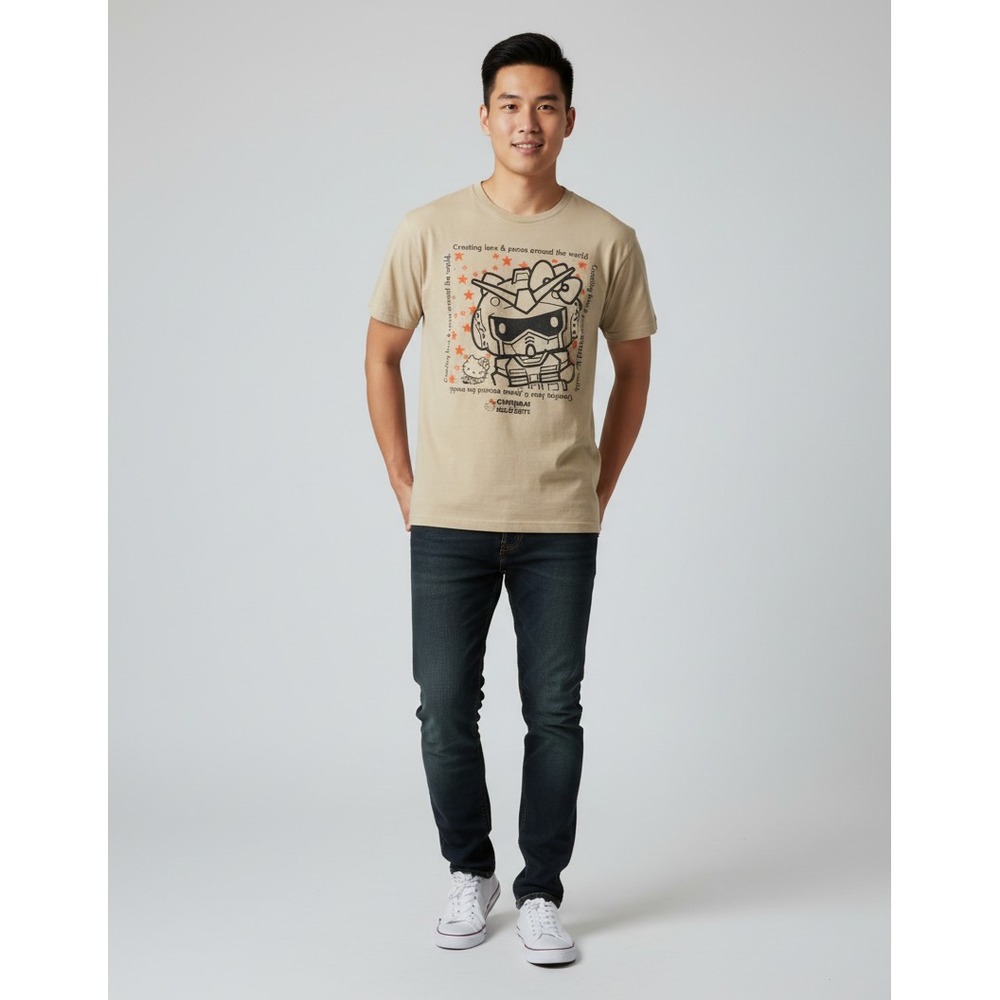 Gundam x Hello Kitty Tee Adult L Tan Kawaii Collab Anime Cutecore Kidcore Sanrio